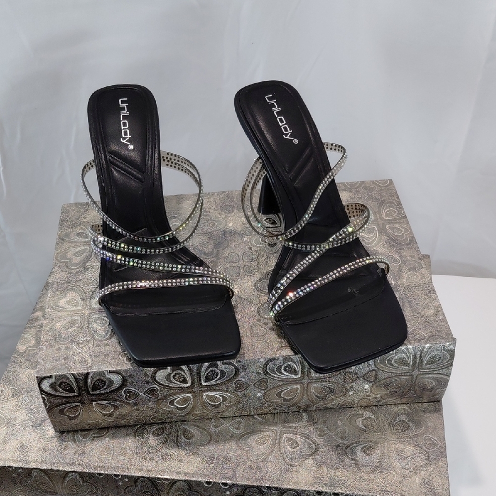 Unlady Black Rhinestone Strappy Heels